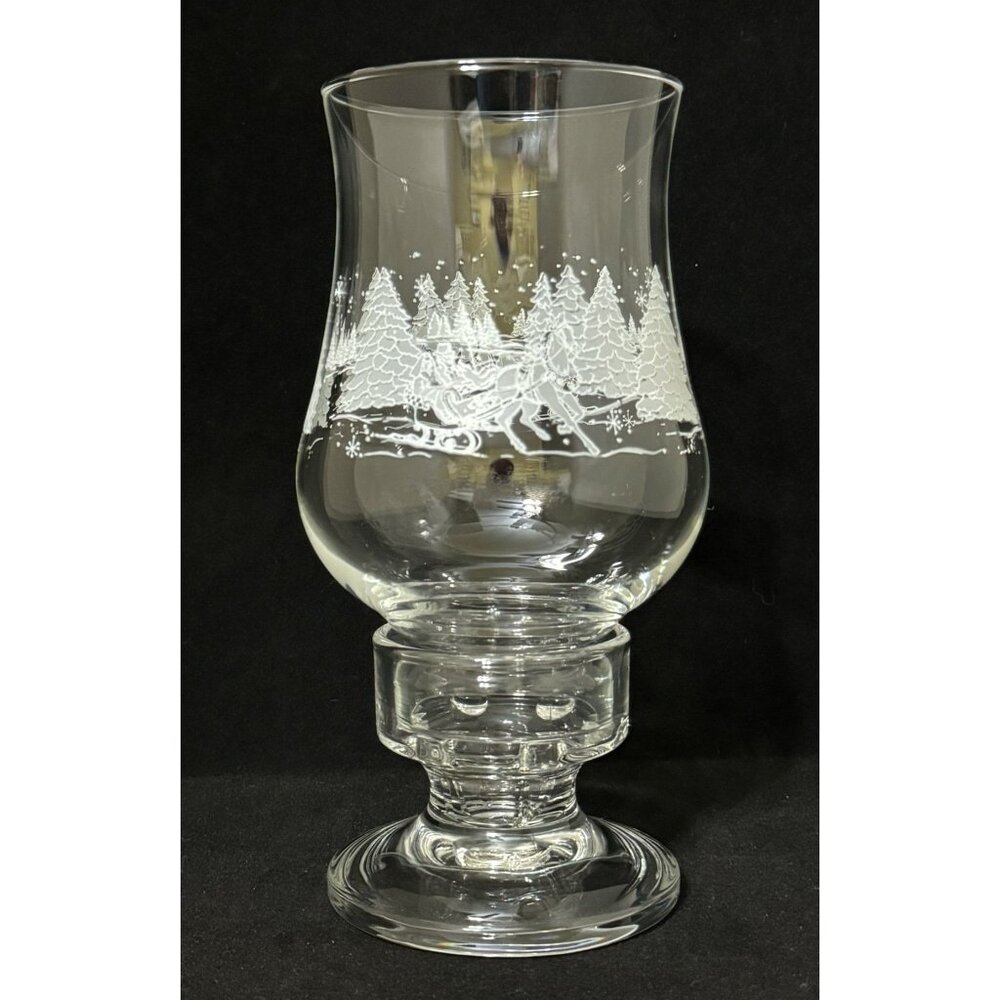 Vintage 1996 Luminarc Etched Glass Hurricane Candle Holder Hapy Holidays Sleigh